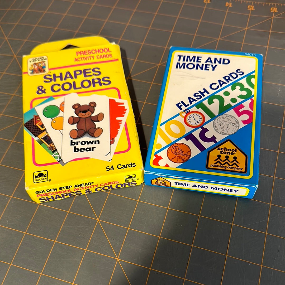 (2) Vintage Flash Card Sets, Time and Money School Zone, and Shapes & Colors Golden