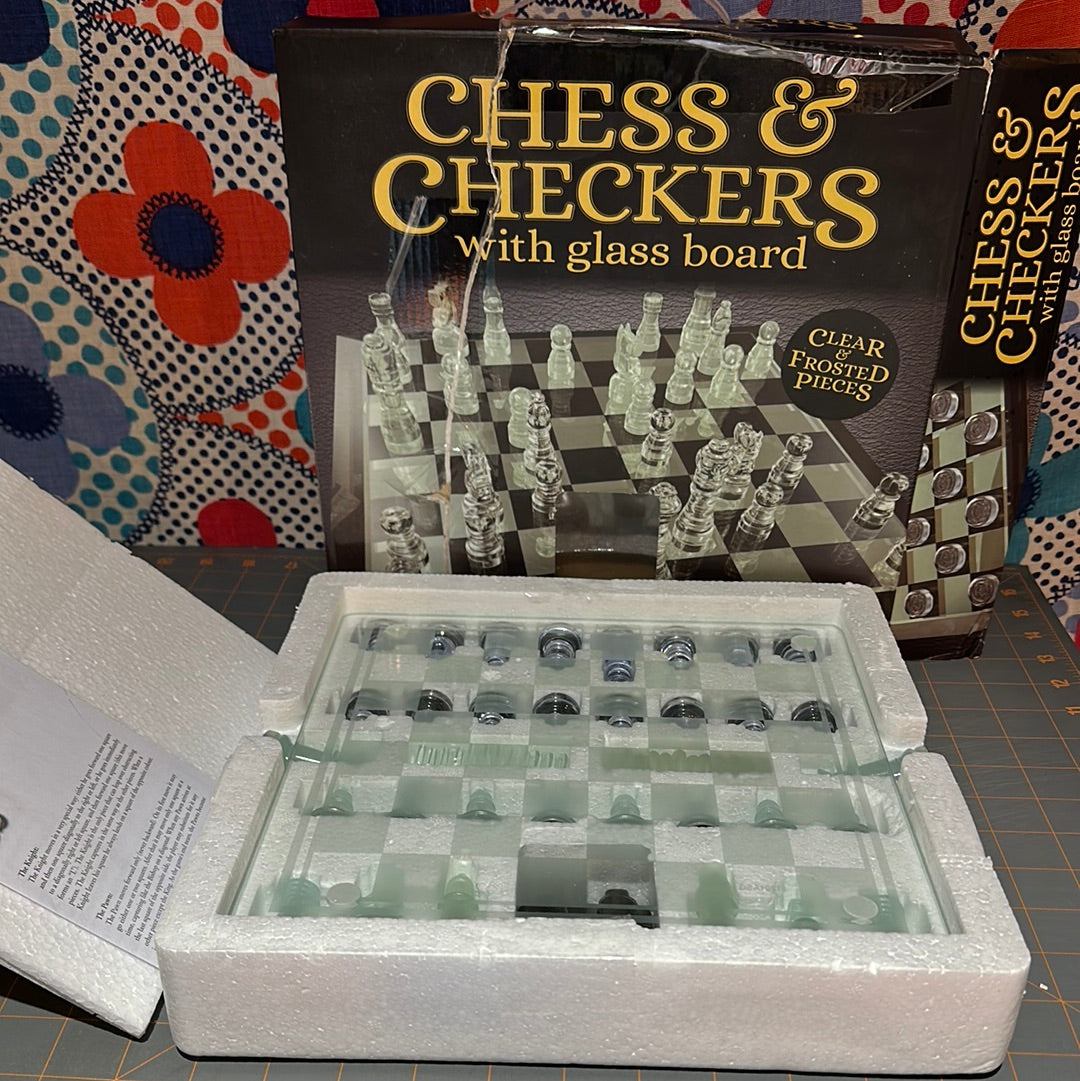 Classic Chess & Checkers With GLASS Board, Clear And Frosted Pieces