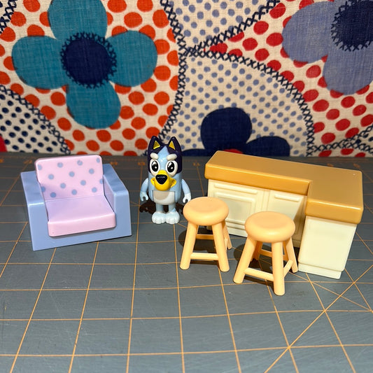 Bluey and Doll House Furnitue, Counter, Chair, 2 Stools
