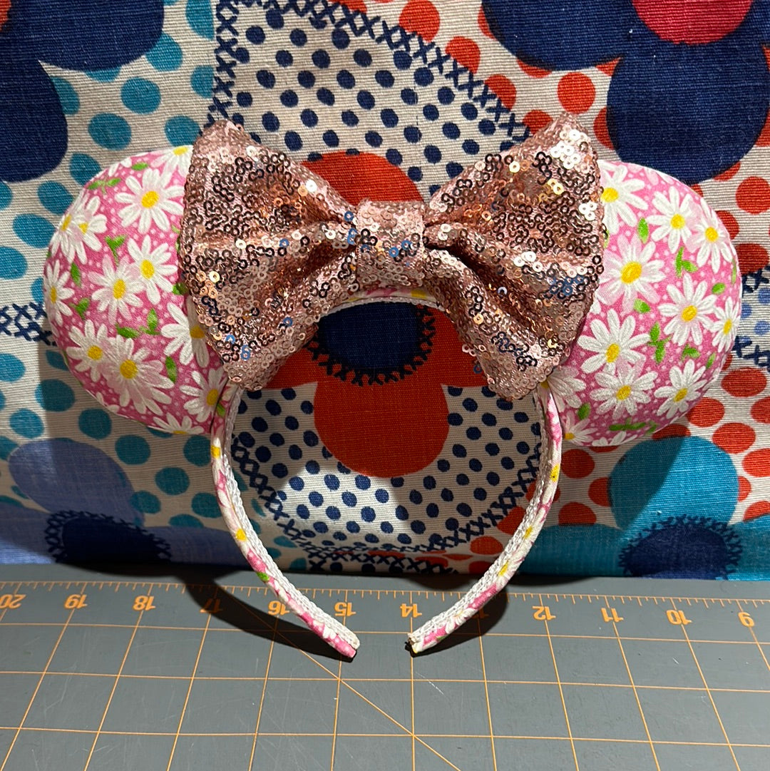 Custom Mickey Ears, Dandelions with Pink Sequin Bow