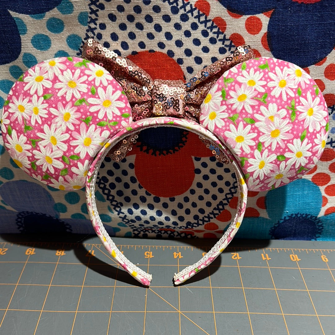 Custom Mickey Ears, Dandelions with Pink Sequin Bow