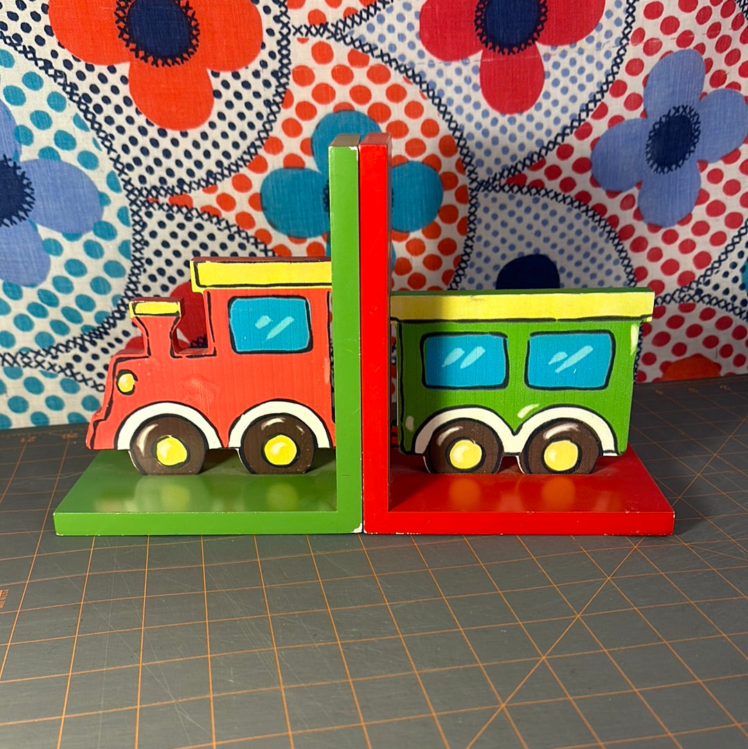 Pair of Wood Train Bookends, 7"h
