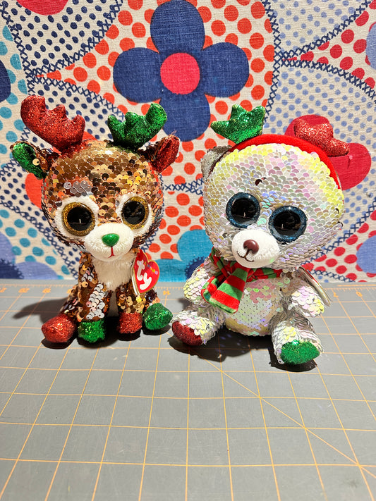 (2) Ty Beanie Boos Flippables, Mistletoe and Tegan, 7" Christmas Bear & Reindeer, With Tags