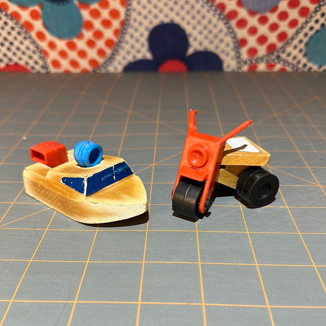 (2) Vintage Mattel Camp Putt Putt Vehicles, Tricycle and Boat, 1973, Wood
