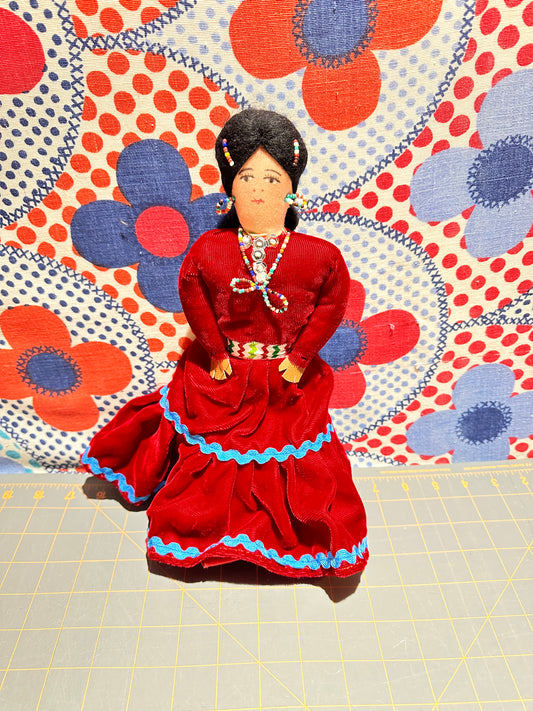 Native American Navajo Doll in Red Velvet Dress, 12"h
