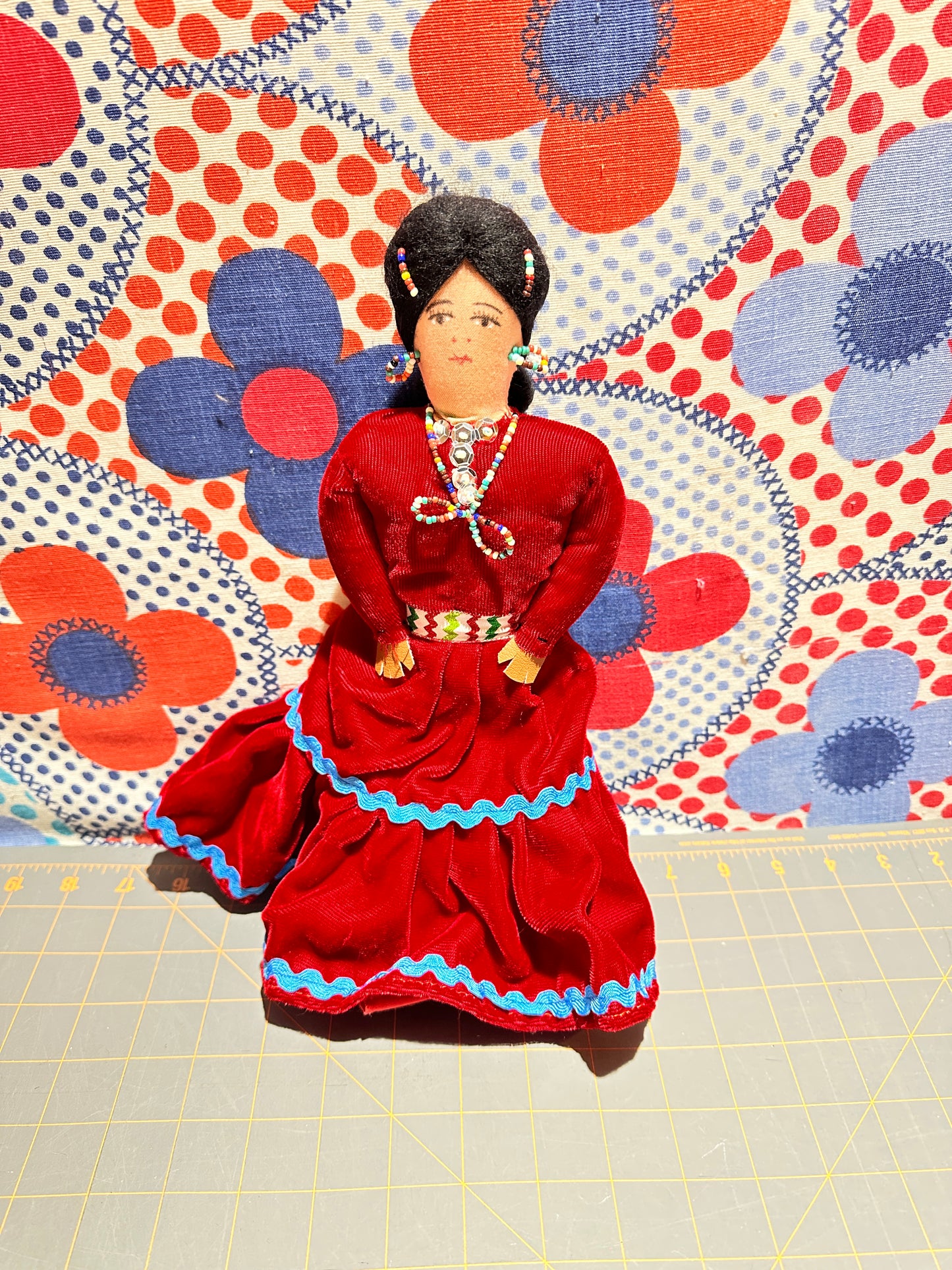 Native American Navajo Doll in Red Velvet Dress, 12"h
