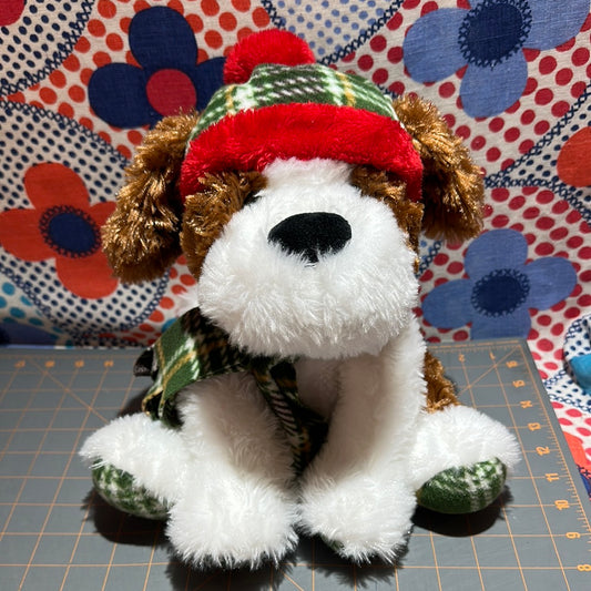 Gentle Treasures Plush Puppy Red Green Hat & Scarf, 12"