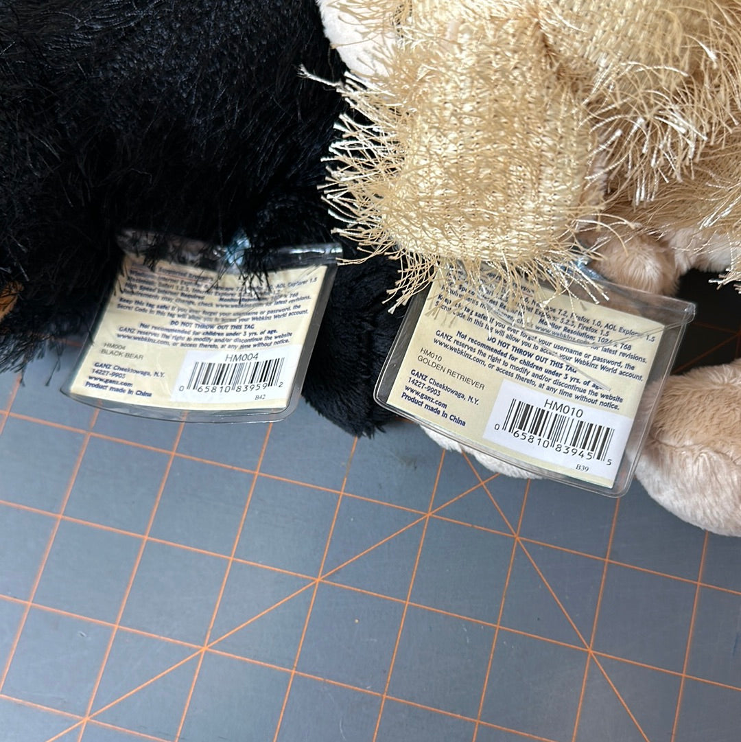 (2) Webkinz Ganz Plush Toys, Black Bear and Golden Retriever, with tags