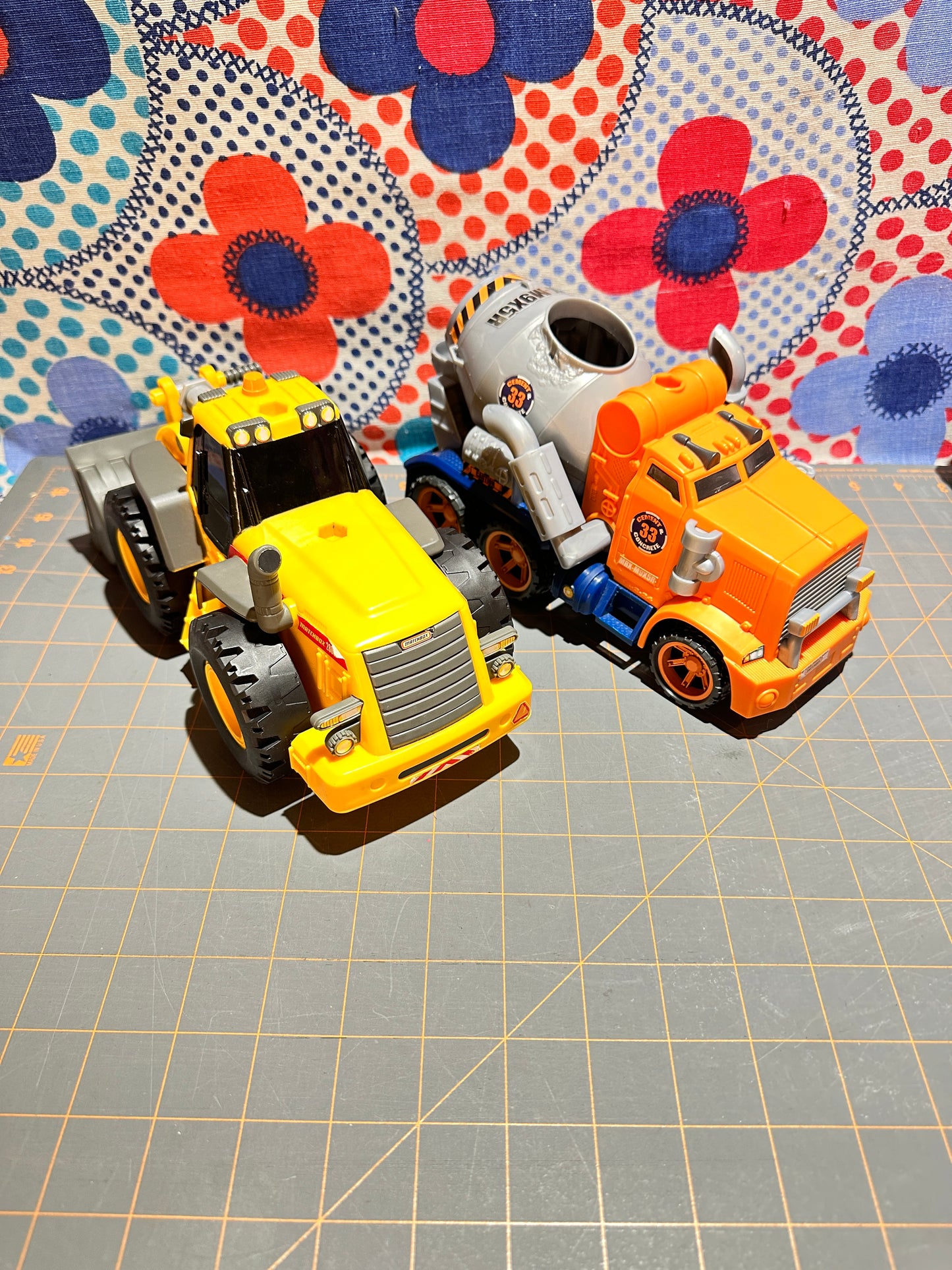 (2) Construction Trucks, Mattel Cement Mixer & Matchbox Loader