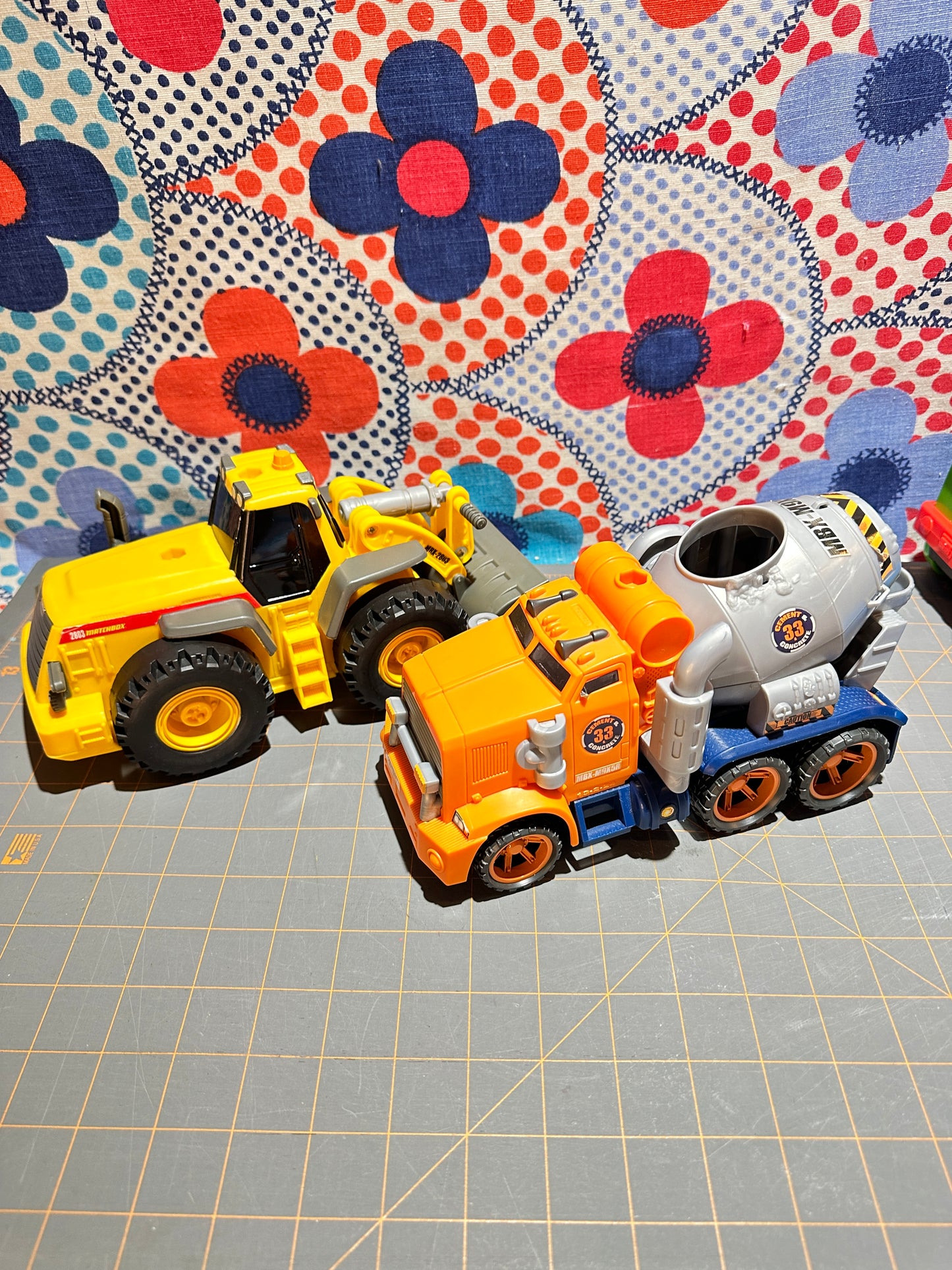 (2) Construction Trucks, Mattel Cement Mixer & Matchbox Loader